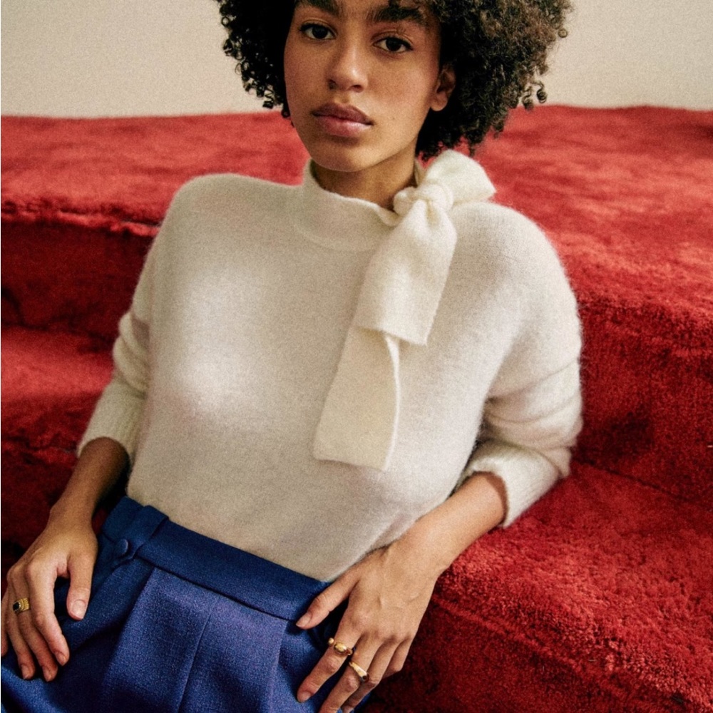 Sezane Cream Sweater with Bow Detail